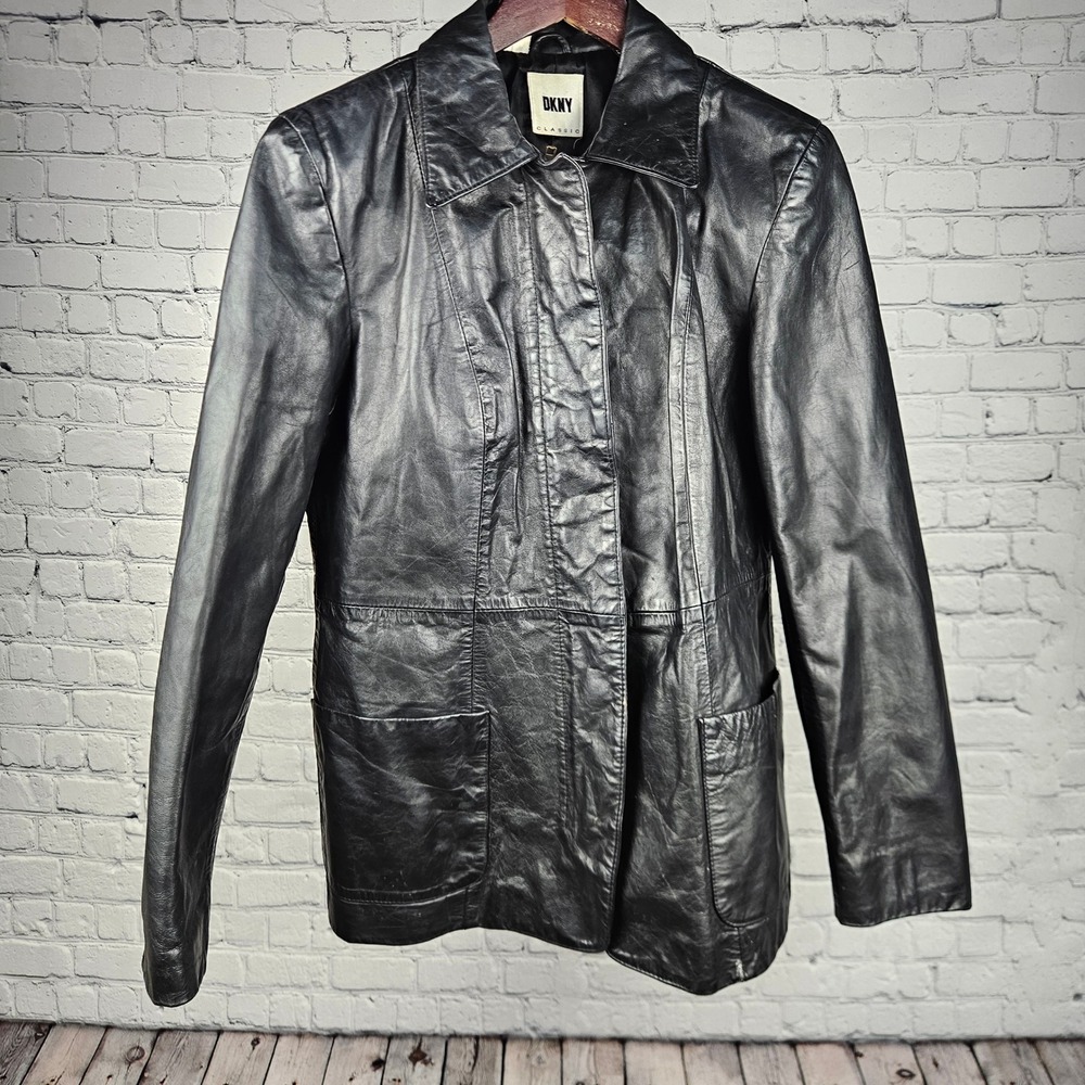 DKNY Classic Mens Black Leather Jacket Coat Large 100% Leather RN 68596 CA 31127